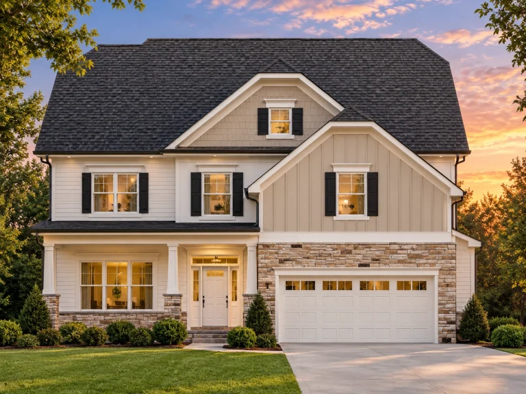 Front elevation of a New American Modern Traditional style home with board and batten siding, stone accents, and a welcoming covered porch