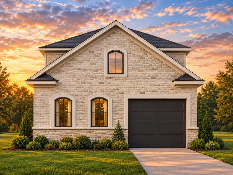 Best-Selling House Plans for Builders 23 Front elevation of a Traditional Suburban style small home with horizontal siding, stone base, arched windows, and single-car garage