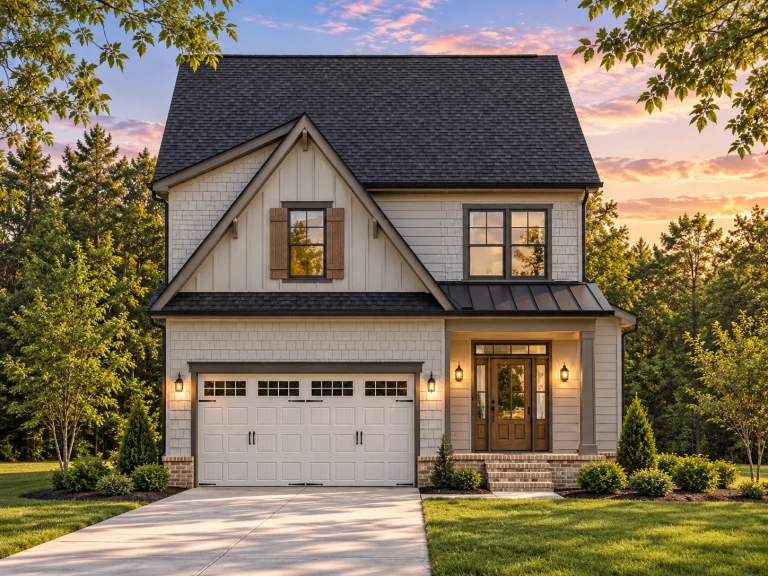 Top Designer-Approved House Plans 10 Front view of a Modern Farmhouse style home featuring board and batten siding, dark trim accents, and a welcoming covered entry porch
