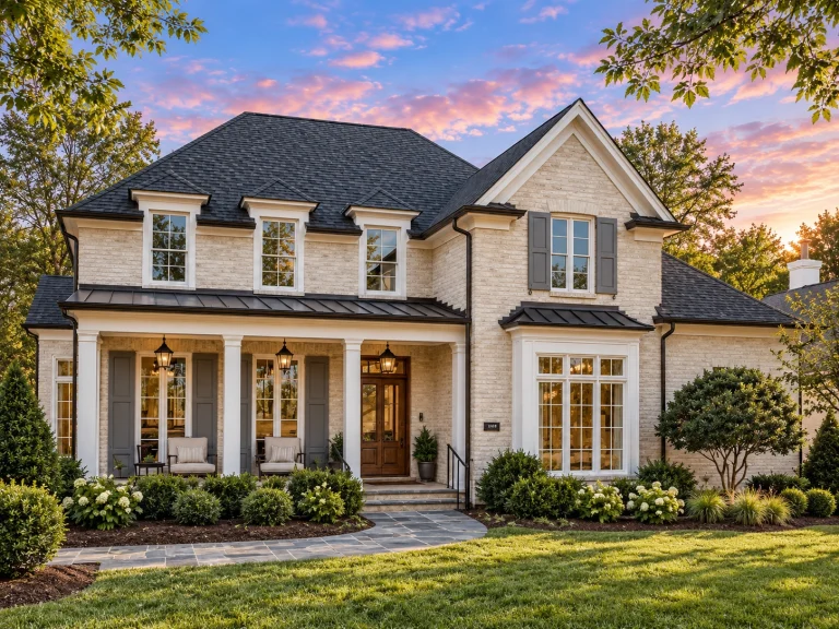 Front exterior of a Colonial Revival style brick home featuring symmetrical Georgian proportions, multi-pane windows, and a covered front porch