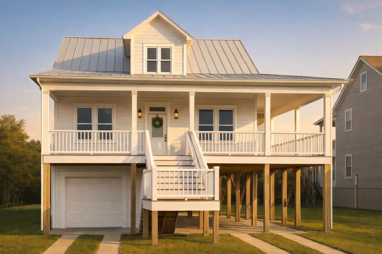 Front view of a raised Coastal Beach home with Low Country design, metal roof, and siding exterior