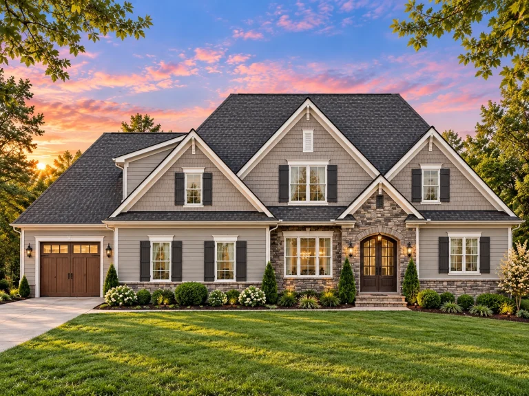 Front elevation of New American modern traditional house with stone accents, horizontal siding, gabled rooflines, and arched entry
