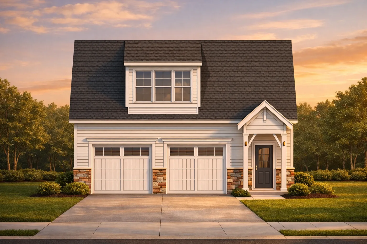 Front elevation of Carriage House style garage with green lap siding, brick base, and Craftsman-inspired trim