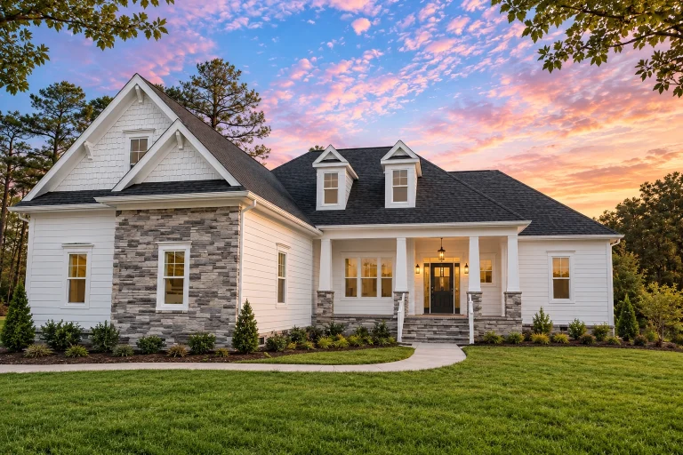 Front view of a Craftsman Traditional style house featuring stone accents, shake and horizontal lap siding, and a welcoming front porch with dormer windows