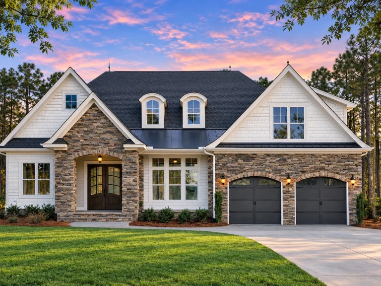 Front elevation of a New American Traditional style house featuring stone veneer, horizontal siding, metal roof accents, and an arched covered entry
