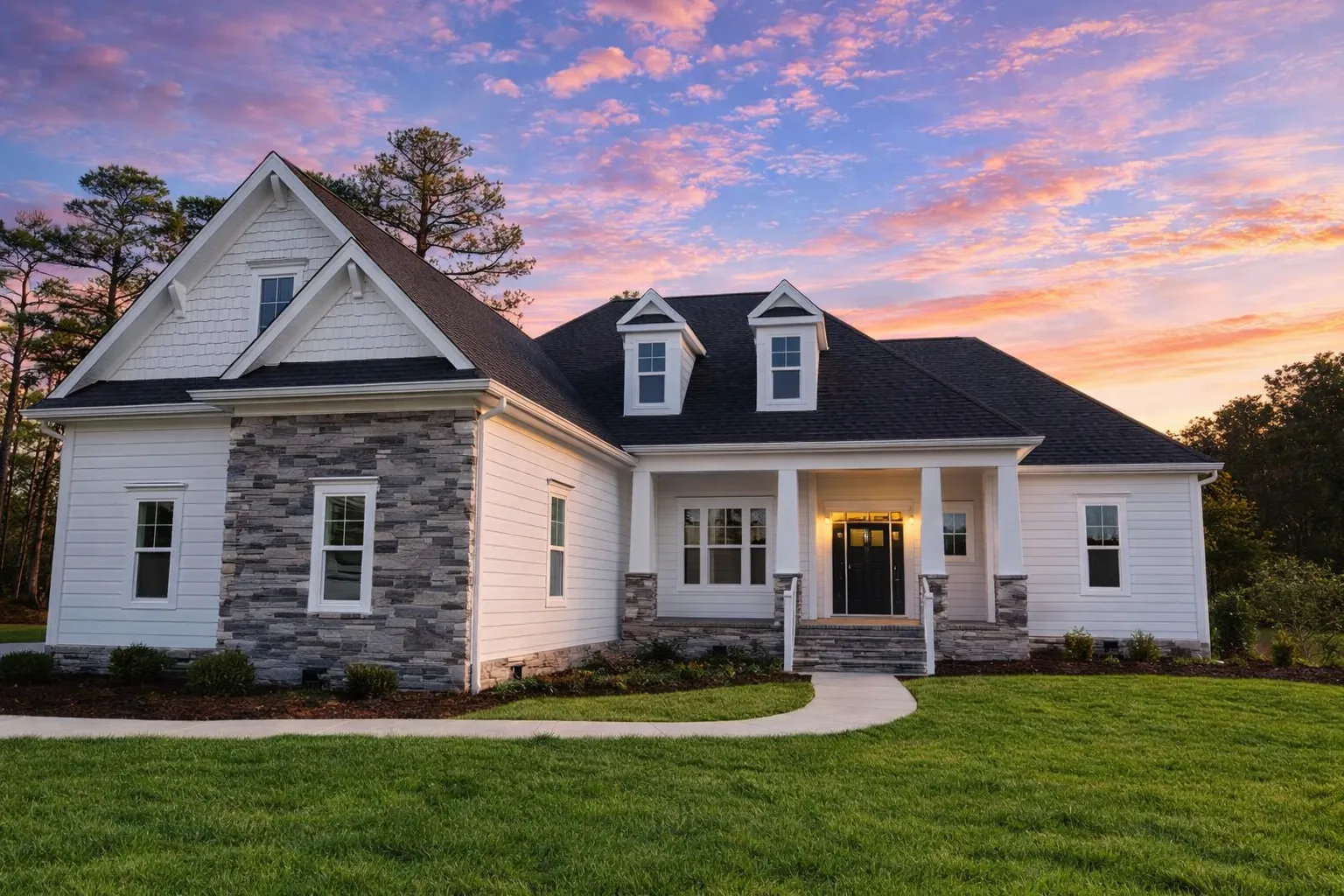 Front view of a Craftsman Traditional style house featuring stone accents, shake and horizontal lap siding, and a welcoming front porch with dormer windows