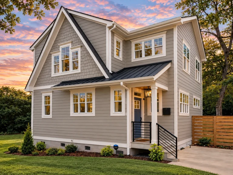 House Plans with Fireplace 11 Front view of a Modern Farmhouse with horizontal lap and board and batten siding, gable rooflines, and warm evening lighting highlighting its inviting curb appeal