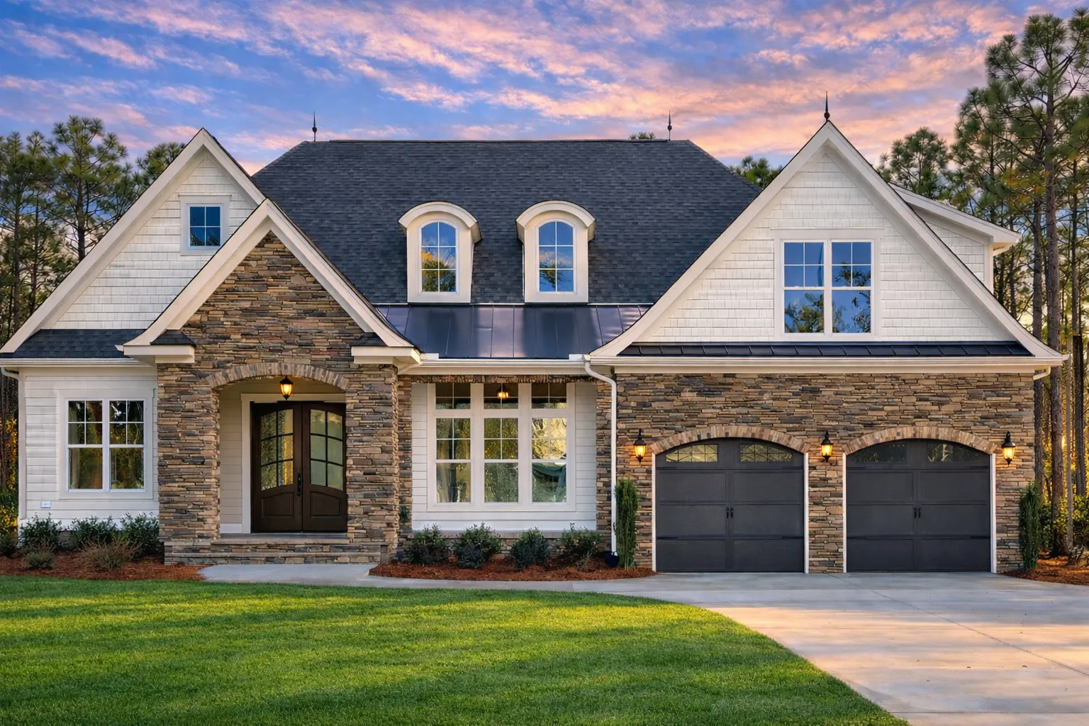 Front elevation of a New American Traditional style house featuring stone veneer, horizontal siding, metal roof accents, and an arched covered entry