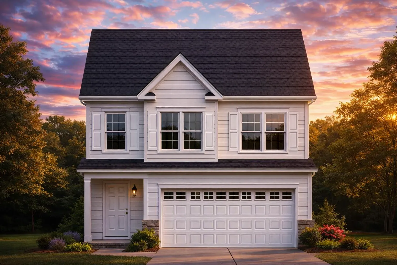 Front view of a Traditional Colonial style house with horizontal siding, black shutters, and stone-accented base creating a balanced and timeless suburban appearance