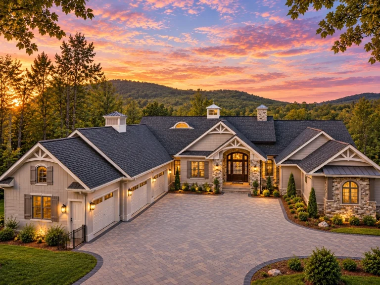 Front exterior of a New American modern traditional house with board and batten siding, stone accents, and side-entry garage