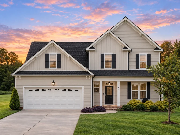 Conventional House Plans 18 Front elevation of Traditional New American two-story house with white lap siding, black shutters, and attached two-car garage