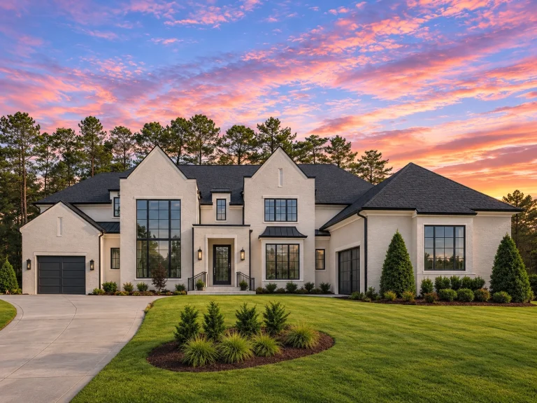 Front exterior of a modern farmhouse style luxury home featuring white painted brick, board and batten siding, black windows, and steep gabled rooflines