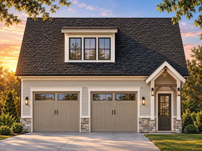 Front elevation of a Traditional Suburban style home with lap siding, stone veneer accents, double garage, and covered entry