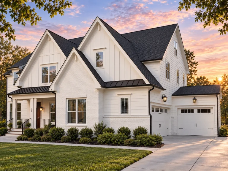 House Plans with Photos 21 Front elevation of a modern farmhouse home with board and batten siding, horizontal lap siding, dark gable accents, and covered porch