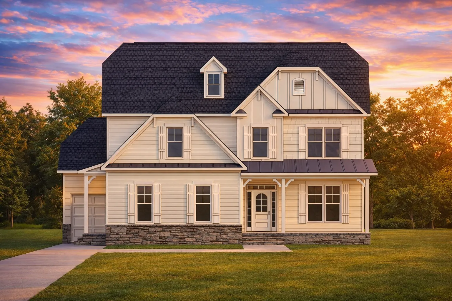 House Plans with Covered Driveway 17 Front elevation of a Modern Farmhouse New American style home with board and batten siding, stone foundation, and covered front porch