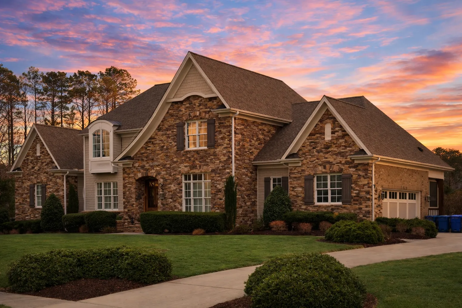 Front elevation of a Traditional New American style home featuring stone veneer, horizontal siding, gabled rooflines, and symmetrical windows