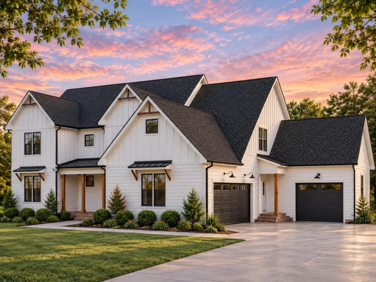Cottage House Plans 15 Front elevation of Modern Farmhouse style home with horizontal lap siding, Tudor-inspired gable trim, covered porch, and attached garage