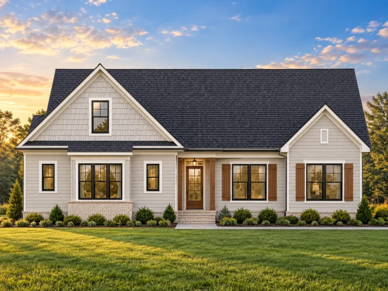 Front view of a Traditional Craftsman Ranch style home featuring lap siding, brick foundation accents, and gable detailing with dark trim contrast
