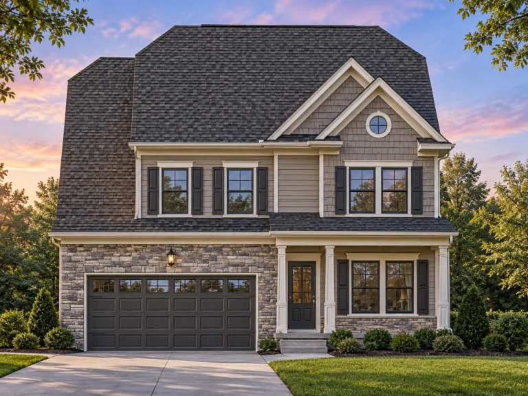 Front view of a two-story Traditional Colonial home with stone veneer, horizontal siding, black shutters, and a covered front entry