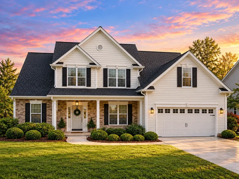 Transitional Ranch House Plans 19 Front view of a Traditional Colonial home featuring yellow horizontal siding, dark shutters, and a symmetrical two-story facade with attached two-car garage