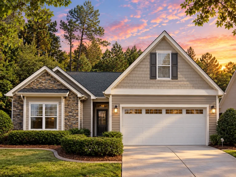 Front elevation of a Modern Farmhouse Ranch style home featuring board and batten siding, horizontal lap siding, stone veneer, and a clean symmetrical façade