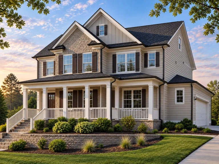 Contemporary House Plans 20 Front exterior of a New American modern traditional house featuring horizontal siding, brick gable accents, board and batten details, and a covered wraparound porch