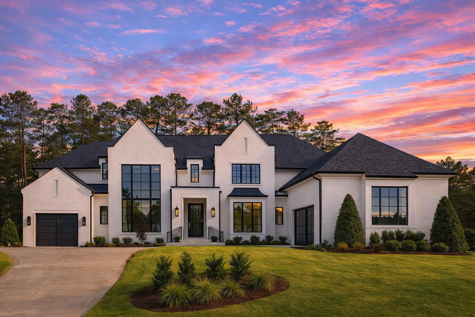 Front exterior of a modern farmhouse style luxury home featuring white painted brick, board and batten siding, black windows, and steep gabled rooflines