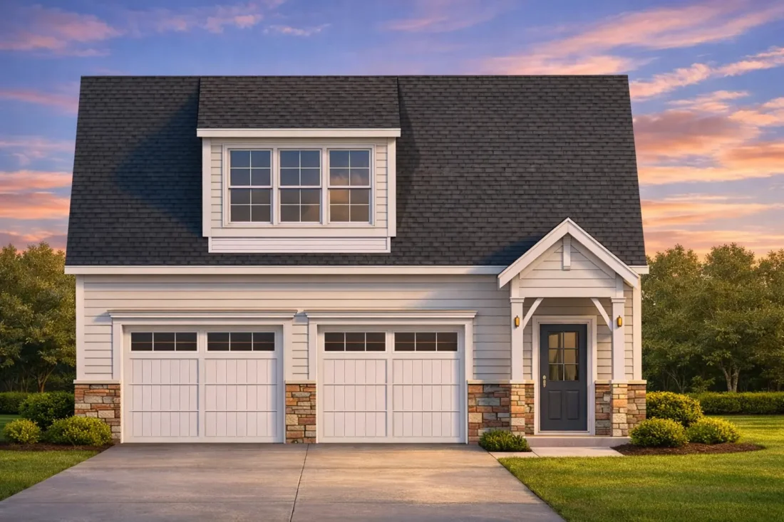 Front elevation of a Traditional Suburban style home with lap siding, stone veneer accents, double garage, and covered entry