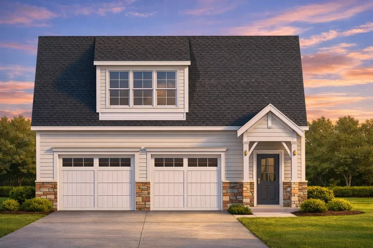 Front elevation of a Traditional Suburban style home with lap siding, stone veneer accents, double garage, and covered entry