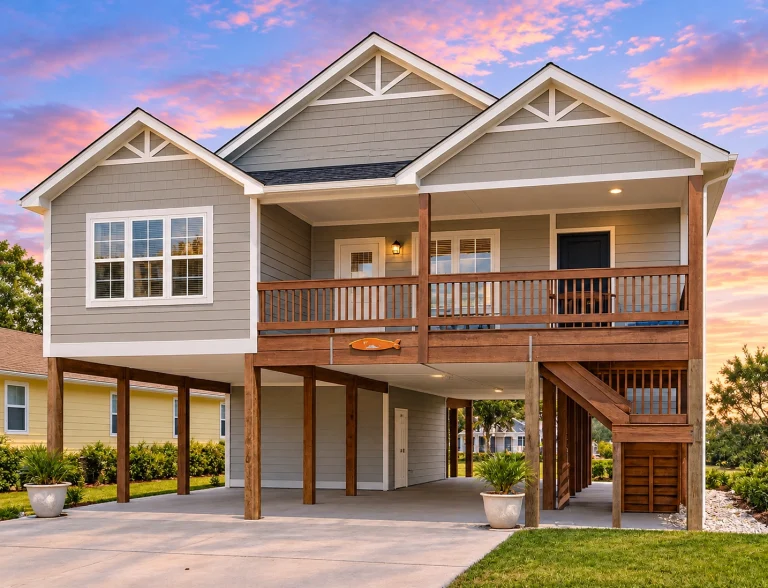 Garage Apartment Plans 24 Front view of elevated coastal beach house with light blue lap siding, wood railings, and raised stilt foundation