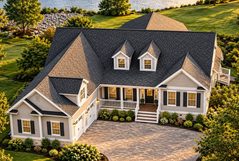 Courtyard House Plans 6 Aerial view of a Cape Cod style coastal home with horizontal siding, dormer windows, and a welcoming covered front porch