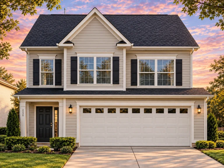 Courtyard House Plans 12 Front view of a Traditional Colonial style house with horizontal siding, black shutters, and stone-accented base creating a balanced and timeless suburban appearance
