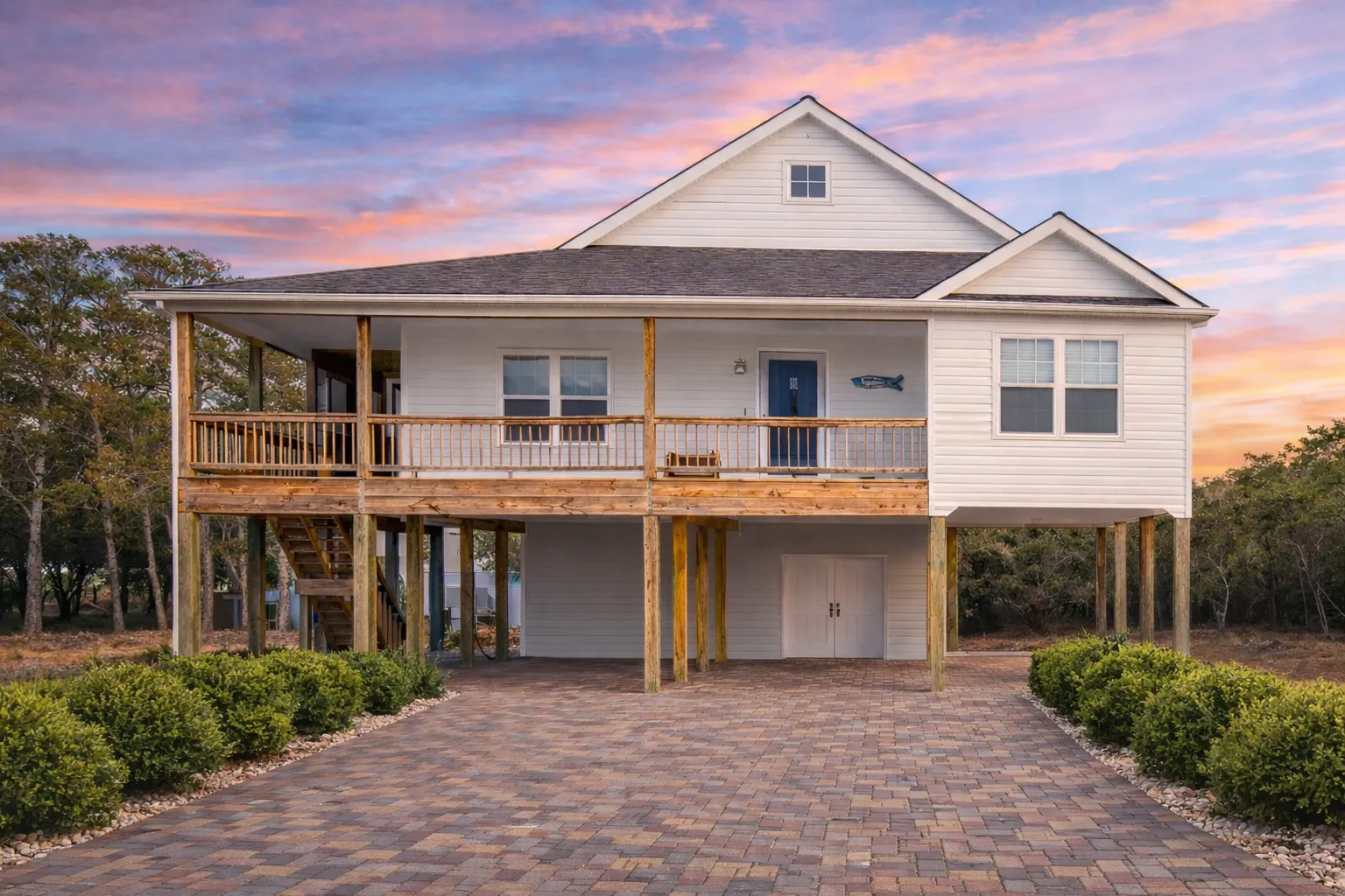 Front elevation of a Traditional Suburban two-story home featuring horizontal lap siding, upper balcony, and dual garage design