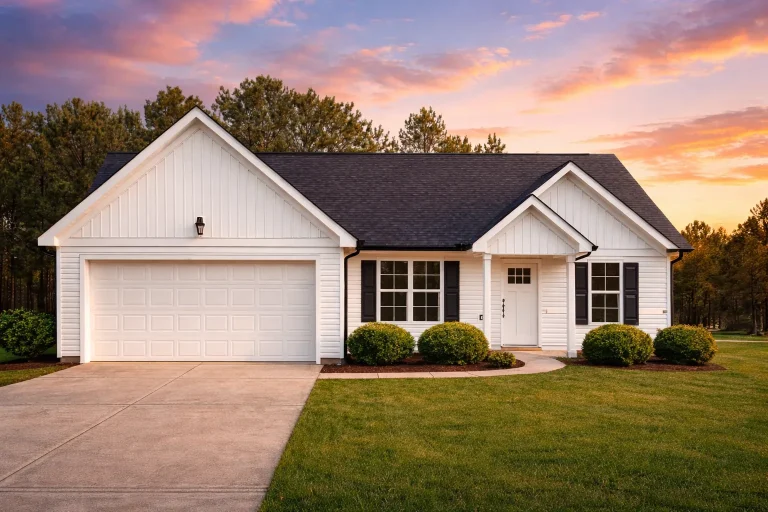 Front view of Traditional Ranch style home featuring board and batten siding, gable rooflines, and a two-car front entry garage