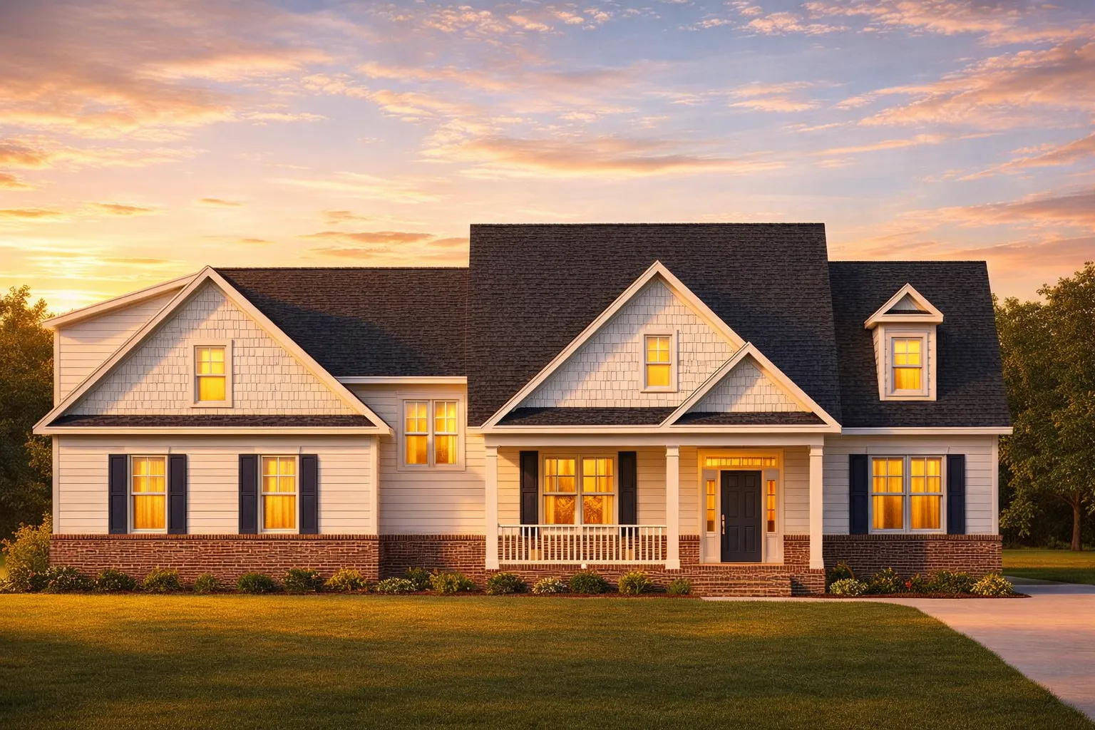 Front elevation of a Coastal Traditional Shingle Style home with lap siding, shingle accents, brick foundation, and welcoming covered porch