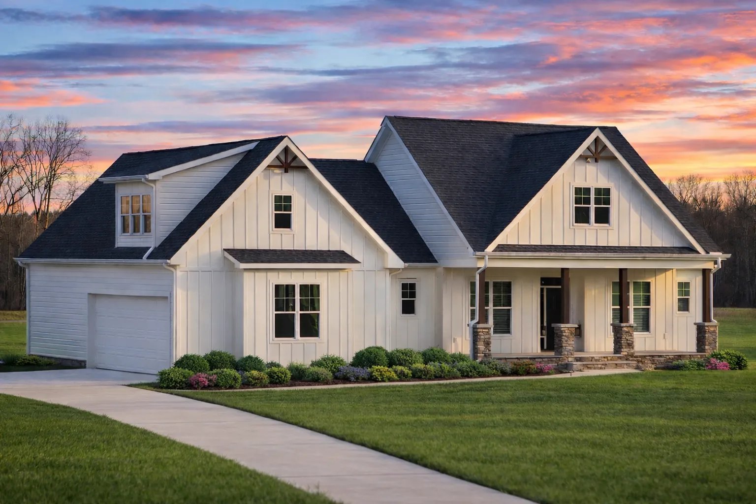Front elevation of Craftsman Cottage style home featuring board and batten siding, stone wainscoting, gabled rooflines, and a welcoming covered porch