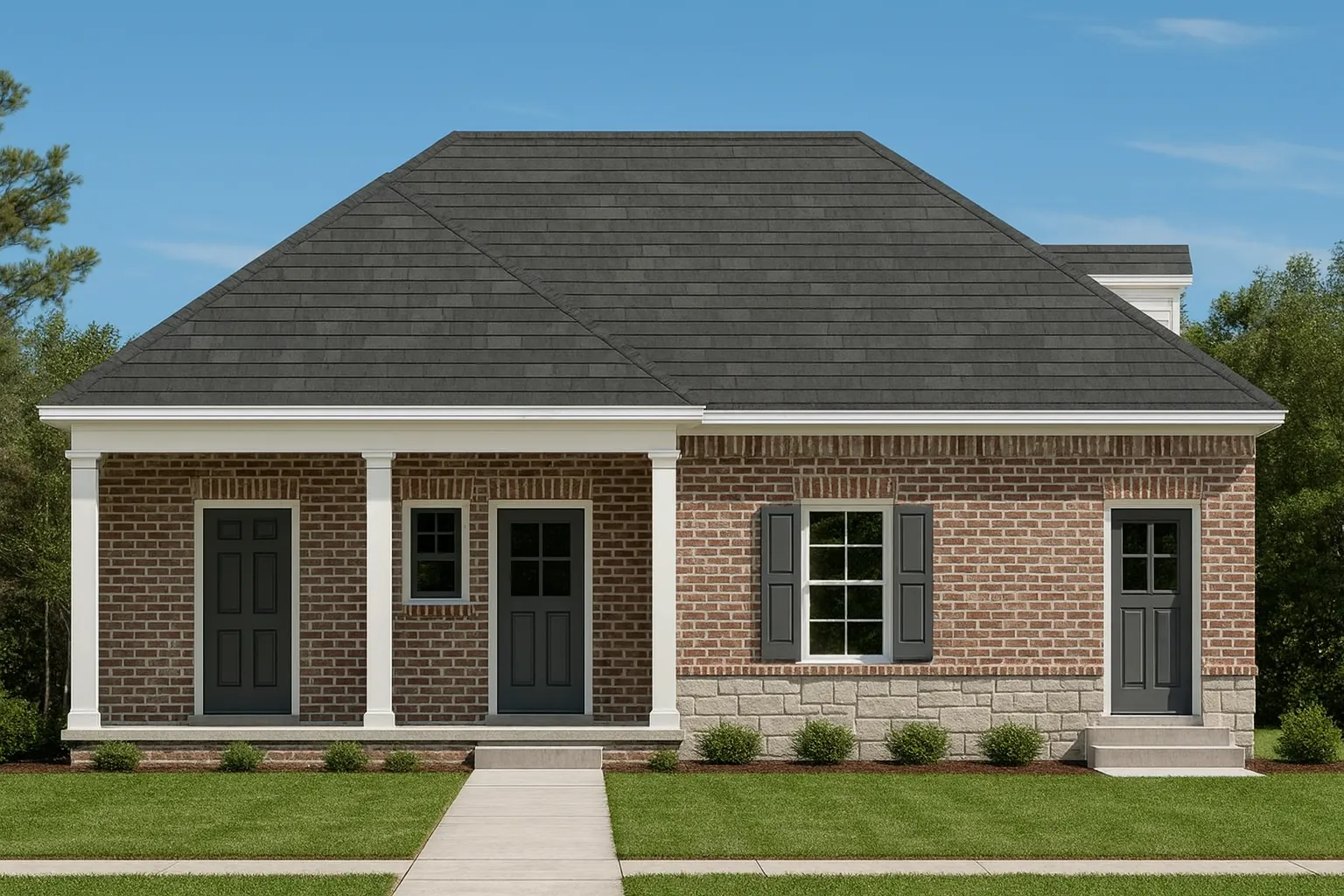 Sloping Lot House Plans 19 Front elevation of a Traditional Ranch style home with Colonial Brick exterior, symmetrical windows, and covered entry porch