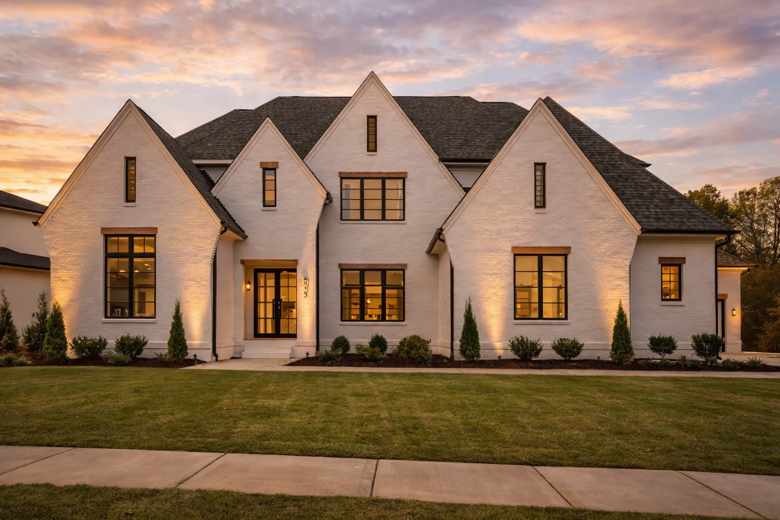 Front elevation of a Modern Farmhouse home featuring white painted brick exterior, steep gabled rooflines, black window trim, and symmetrical façade