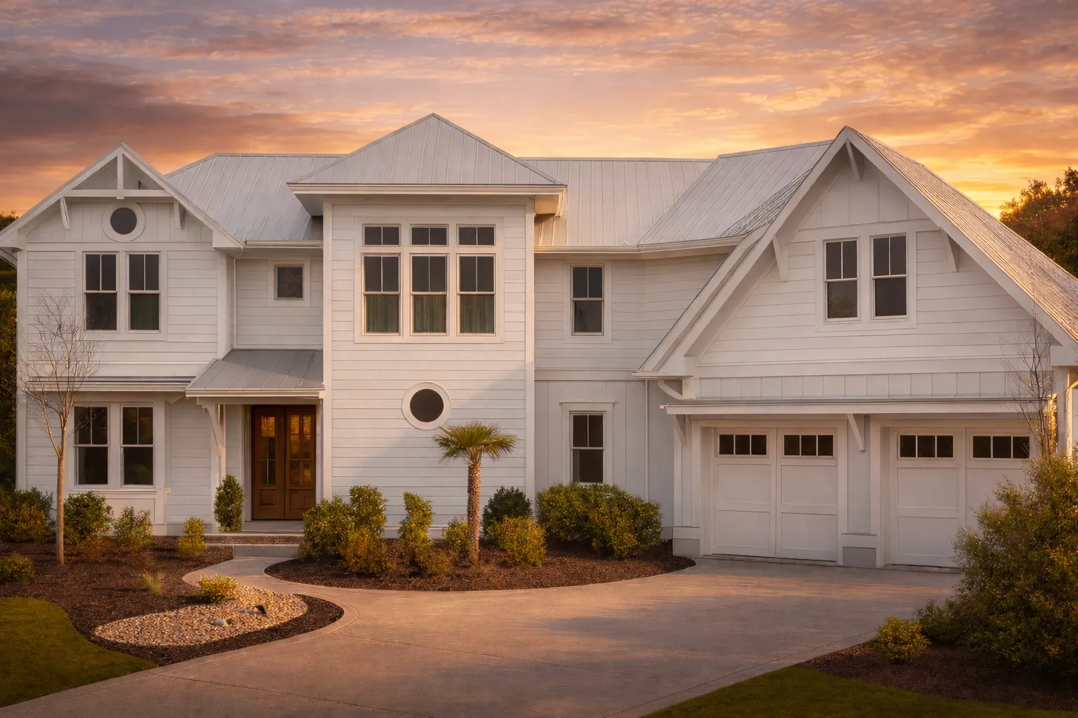 Modern House Plans 17 Front exterior of a Coastal Shingle Style home with blue siding, metal roof accents, gabled dormers, and a double garage