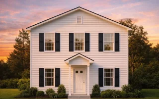 Front elevation of a Traditional Colonial style home featuring tan horizontal siding, black shutters, and a symmetrical façade with a centered entry door.