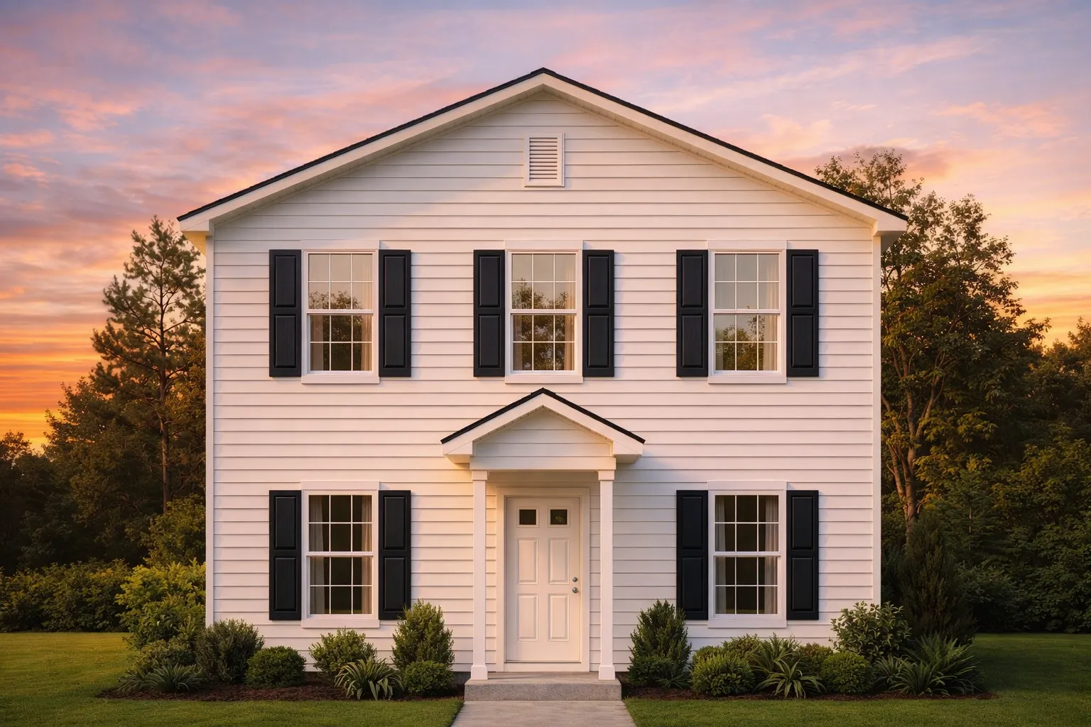 Front elevation of a Traditional Colonial style home featuring tan horizontal siding, black shutters, and a symmetrical façade with a centered entry door.