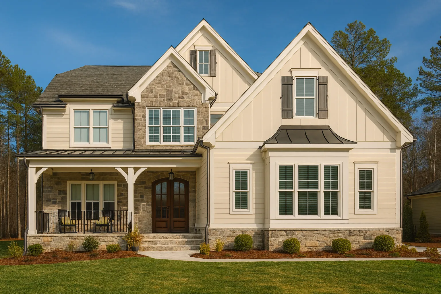 Front elevation of a Modern Farmhouse style home featuring board and batten siding, horizontal lap siding, stone accents, and a welcoming covered porch