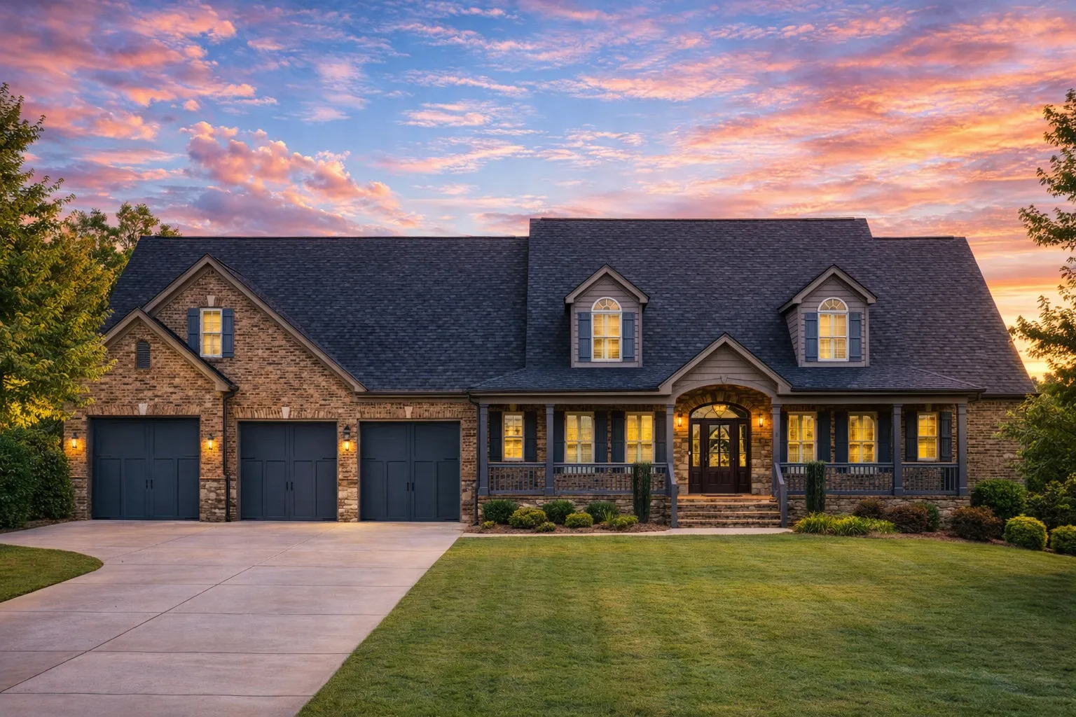 Front elevation of a Neo-Colonial style brick house with symmetrical façade, dormer windows, covered front porch, and attached garage