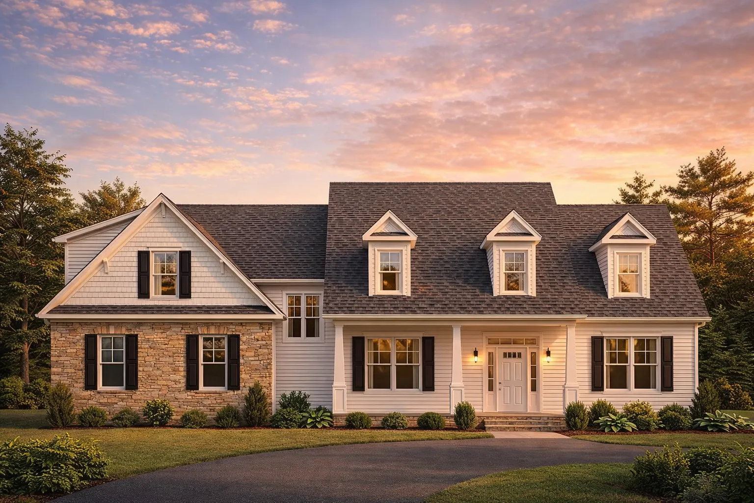 Front elevation of a Coastal Traditional Shingle Style home with lap siding, shingle accents, brick foundation, and welcoming covered porch