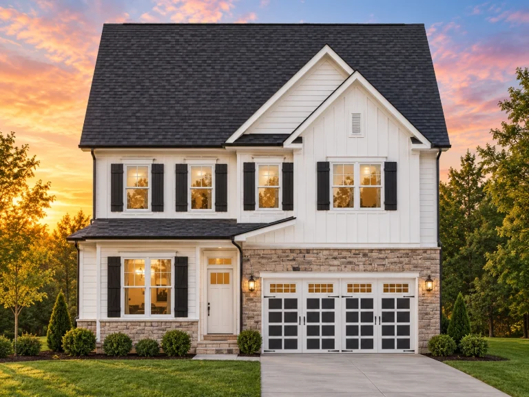 Front elevation of a two-story Traditional Colonial home featuring board and batten siding, horizontal lap siding, stone base accents, and a gable roof over a two-car garage