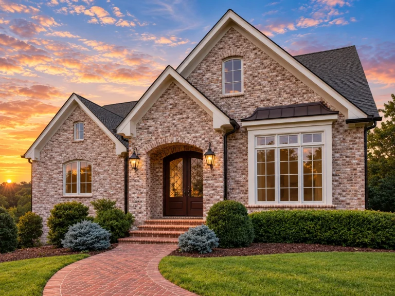 Front elevation of a traditional Colonial Revival style home with brick exterior, arched entry, and symmetrical windows