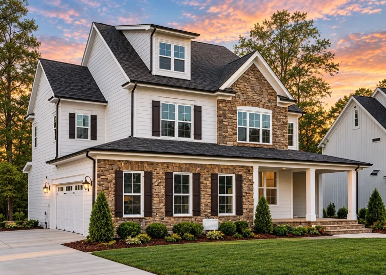 Front view of a two-story Traditional Colonial home featuring stone and siding exterior, symmetrical windows, and covered front porch with classic columns