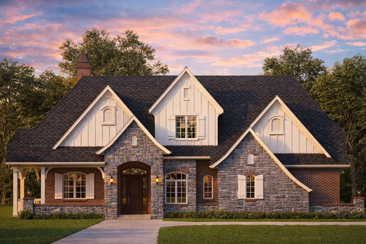 House Plans with Gourmet Kitchen 13 Front elevation of a French Country style home featuring stone and stucco exterior, arched windows, dormers, and a steeply pitched roof