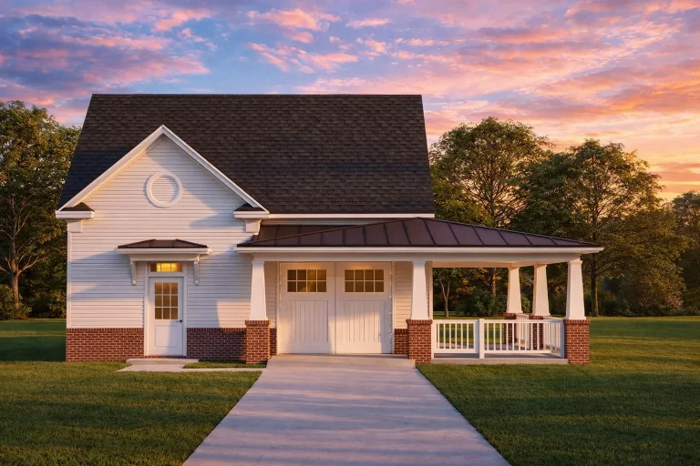 Front exterior of a Craftsman Cottage style home with horizontal siding, brick accents, and a welcoming covered porch