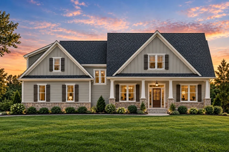 Georgian House Plans 5 Front elevation of a Coastal Traditional Shingle Style home with lap siding, shingle accents, brick foundation, and welcoming covered porch